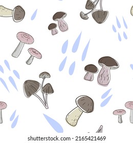 Seamless pattern of white mushrooms, toadstools and raindrops. Vector illustration in doodle style.