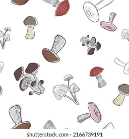 Seamless pattern of white mushrooms, toadstools, fly agarics and honey agarics. Vector illustration in doodle style.