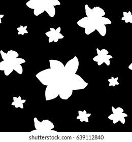 Seamless pattern. White narcissus flowers different sizes isolated on black background. Vector illustration