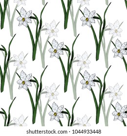 Seamless pattern with white narcissus. Hand drawn sketch vector design