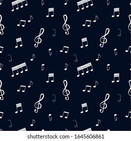  Seamless pattern: white notes and musical signs on a blue background. 