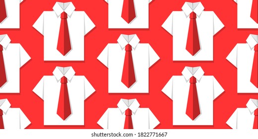 Seamless pattern with white office shirts and red ties. Origami paper effect. Vector illustration. Business, studying concept