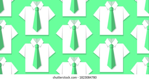 Seamless pattern with white office shirts and green ties on green background. Origami paper effect. Vector illustration. Business, studying concept