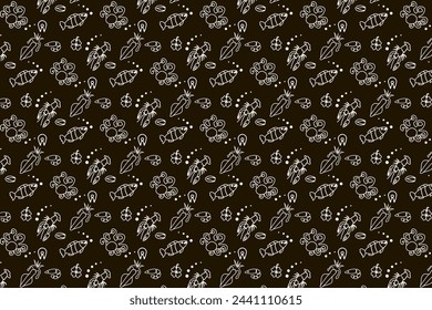 Nahtloses Muster. Weißes Muster auf schwarzem Hintergrund. Essen. Meeresfrüchte. Fische, Krebse, Kalmare, Tintenfische, Muscheln. Hintergrund für Computerbildschirm, Telefon. Stoffdruck, Textur..