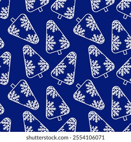 Seamless pattern of white openwork snow trees with garlands of snowflakes