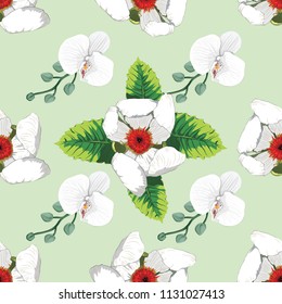 Seamless pattern white Orchid flowers on green pastel backgground.Vector illustration hand drawn.For used wallpaper design,textile fabric or wrapping paper.