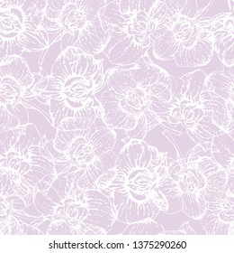 Seamless pattern of white orchid flowers in the contour on a lilac background.