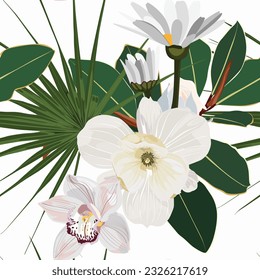 Patrón sin foco con orquídea blanca, magnolia, flor de camomila, hojas de palma. fondo de flores tropicales. 