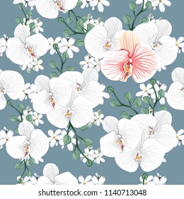 Seamless pattern white Orchid and wild flowers on green backgground.Vector illustration hand drawn.For used wallpaper design,textile fabric or wrapping paper.