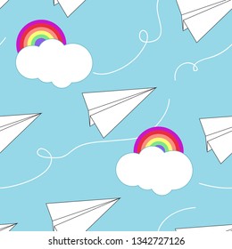 Seamless pattern with white origami paper airplane on blue sky background. Travel route repeat pattern with rainbow cloud. Simple flat cartoon style. Great for fabric, textile, wallpaper, wrapping.