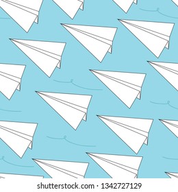 Seamless pattern with white origami paper airplane on blue sky background. Travel route symbol repeat pattern. Simple flat cartoon style. Great for fabric, textile, wallpaper, wrapping.
