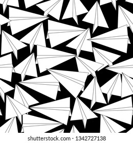 Seamless pattern with white origami paper airplane on black background. Travel route symbol repeat pattern. Simple flat cartoon style. Great for fabric, textile, wallpaper, wrapping.