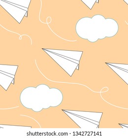 Seamless pattern with white origami paper airplane on beige background. Travel route symbol repeat pattern with cloud. Simple flat cartoon style. Great for fabric, textile, wallpaper, wrapping.