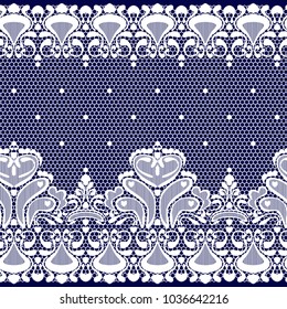 Seamless pattern. White ornament lace braid on a blue background.