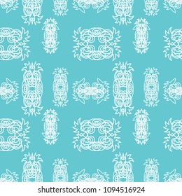 Seamless pattern with white ornamental elements on a light blue background. Vector illustration