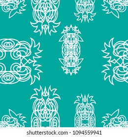 Seamless pattern with white ornamental elements on a green background. Vector illustration