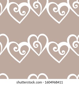 Seamless pattern with white ornate hearts on beige background. Design for Valentine's day, wedding, birthday, Mothers Day. Love vector stock illustration for posters, card, postcard, fabric.  