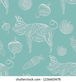 Seamless Pattern with White Ornated Pigs and Vegetables on the Blue Background in Zentangle Style. Chinese New Year Zodiac Sign. Seamless Pattern for Holiday Packaging, Fabrics, Web and Mobile Usage.