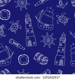 Seamless pattern with white outline against on phantom blue: nautical theme ship steering wheel, a telescope, a treasure chest, lighthouse, sea turtle, a lifeline. For the design of covers, packages, 