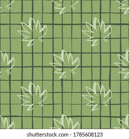 Seamless pattern with white outline cannabis leaves on green chequered background. Perfect for wrapping paper, wallpaper, fabric, textile, design projects. Vector illustration.