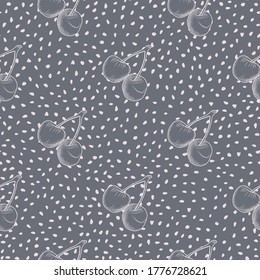 Patrón sin inconvenientes con bayas de cerezo de contorno blanco. Fondo púrpura pastel con puntos. Bueno para textiles, papel de envoltura, papel pintado, impresión de tela. Ilustración vectorial.