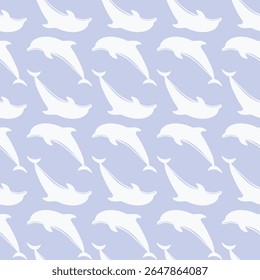 Padrão contínuo com golfinhos contorno branco saltando sobre fundo azul. Design elegante e minimalista com tema marinho para vários projetos. Papel de parede azul vetor golfinhos.