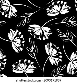 seamless pattern of white outline doodle drawing flowers. white flowers on a black background. Vector modern art illustration for printing on wallpaper, fabric, cover, template.