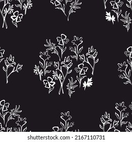 seamless pattern of white outline doodle drawing flowers. white flowers on a black background. Vector modern art illustration for printing on wallpaper, fabric, cover, template.