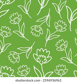 Seamless pattern white outline doodle flowers on green background - color vector illustration for fabric design, packaging, wallpaper