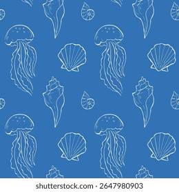 Seamless pattern with white outline drawings of jellyfish and seashells. Line vector illustrations on blue background.  Oceanic life design for fabric, textile, packaging, or wrapping paper. 
