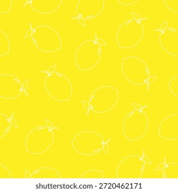 Padrão contínuo de desenhos contornos brancos de limões com folhas no fundo amarelo brilhante.