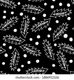 Patrón sin fisuras de un dibujo de la mano de contorno blanco ilustración vectorial de una planta de la sartén navideña tallada aislada en un fondo negro