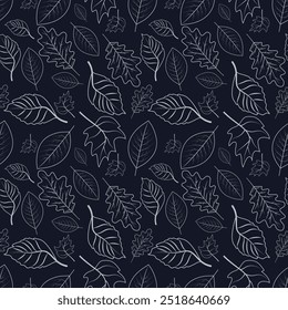 Nahtloses Muster aus weißen Umrissblättern auf dunklem Hintergrund, perfekt für Herbstdesigns