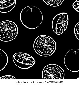 Seamless pattern with white outline oranges fruit citrus on black background. Hand drawn in chalk on blackboard. For wrapping paper, kitchen design. Vector stock illustration.