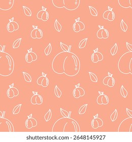 Seamless pattern of white outline peaches and leaves on a peach background. Seamless pattern with fruits