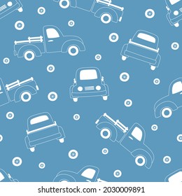 Seamless pattern of white outline pickups and wheels on blue background. 