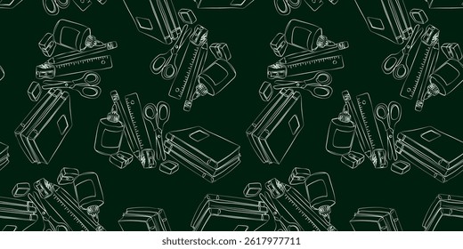 seamless pattern white outline school supplies dark green chalkboard background repeating stationery design back to school education, learning and knowledge concept