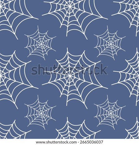 Seamless pattern of white outline spiderwebs scattered on blue background. Subtle and spooky Halloween or creepy crawly themed design. Vector cobweb, spider web Halloween pattern. 