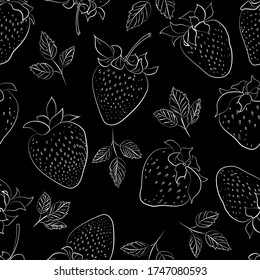 Nahtloses Muster mit weißem Umriss von Erdbeeren auf schwarzem Hintergrund. Handgezeichnet. Illustration mit Beeren für Küchendesign, Verpackung, Textil, Packpapier. Vektor.