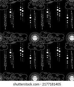 seamless pattern with white outlines of abstract sun and clouds on black background
