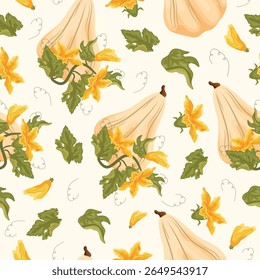 seamless pattern with white oval pumpkins and green tops with yellow flowers and green leaves next to them placed randomly, for autumn print, textile or packaging