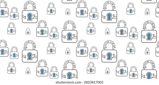 seamless pattern of white padlocks with blue keyhole icons representing security and protection on a light background for digital design