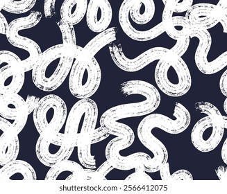 Seamless pattern white paint swirl line vector. Pattern wavy and curly lines, round shapes, dry brush stroke texture. Wavy and swirled brush strokes. Grunge wallpaper design, trendy textile print.