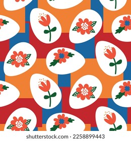 Seamless pattern with white painted Easter eggs on a colorful background. Drawings of flowers on eggs