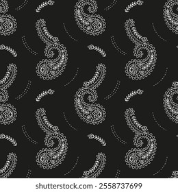 Seamless pattern with white Paisley motifs on black background. Traditional indian monochrome repeat design.