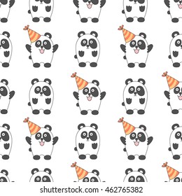 Seamless pattern with white pandas. Vector illustration in a flat style.
Sad and funny panda in celebratory cap. Packing for birthday gift  card, banner.