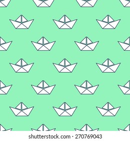 Seamless pattern with white paper boats. Vector illustration. Origami ship seamless background.