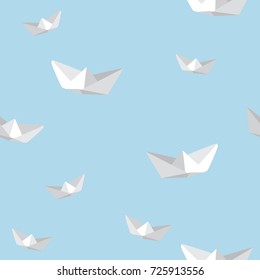Seamless pattern with white paper boats in flat style. Vector illustration
