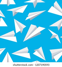 Seamless pattern. White paper planes. Flat airplanes. Vector illustration on blue background.