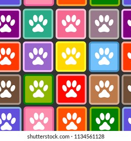 Seamless pattern of white paw prints animals in multi-colored squares on a gray background.